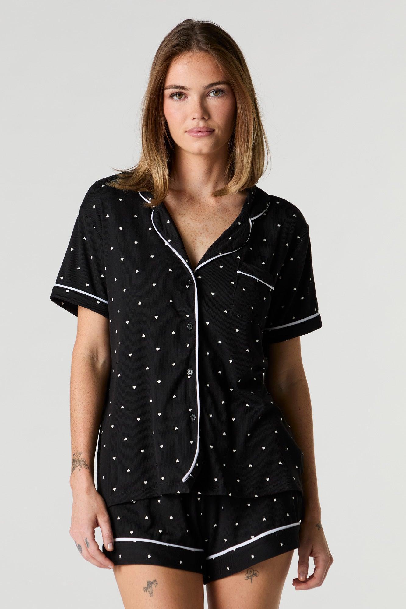 Ribbed Contrast Trim Top & Short 2 Piece Pajama Set Female Product Image