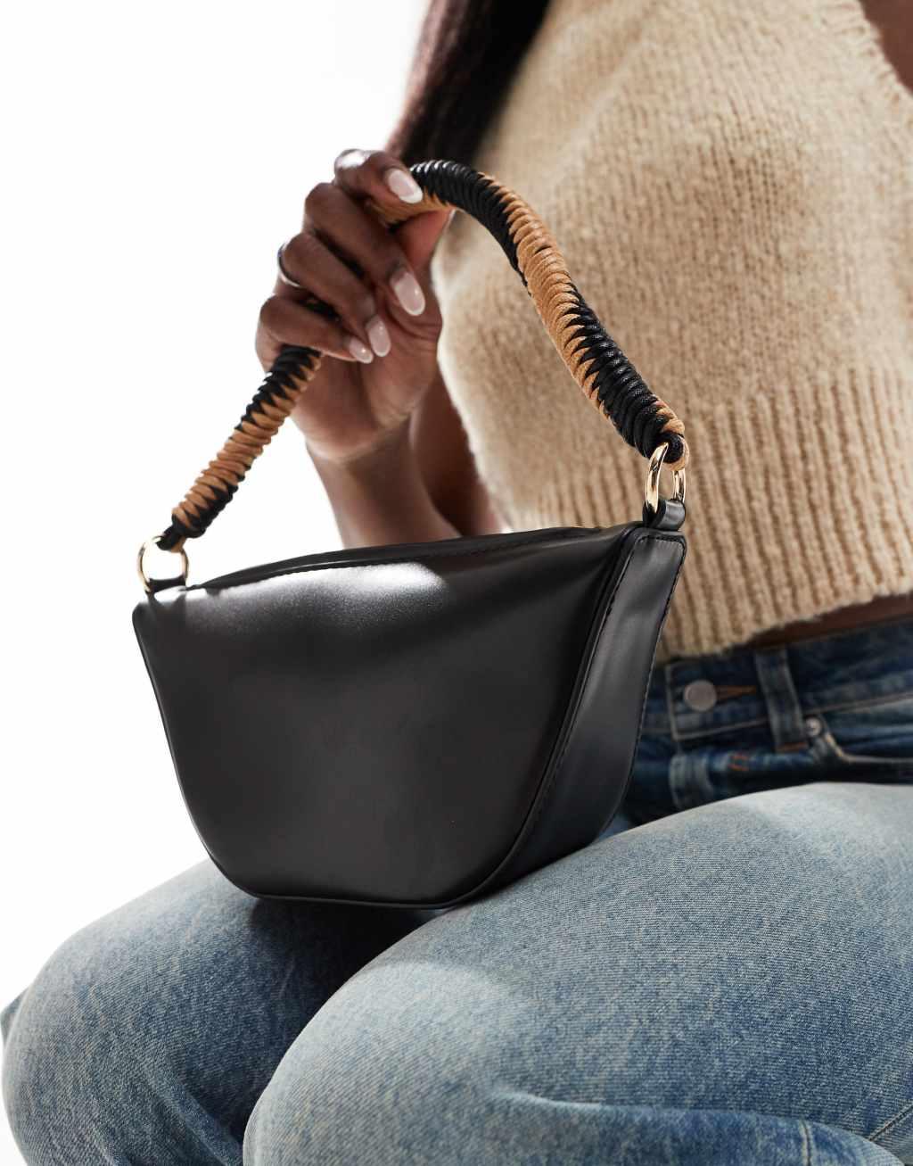 ASOS DESIGN clean structure shoulder with woven handle in black Product Image