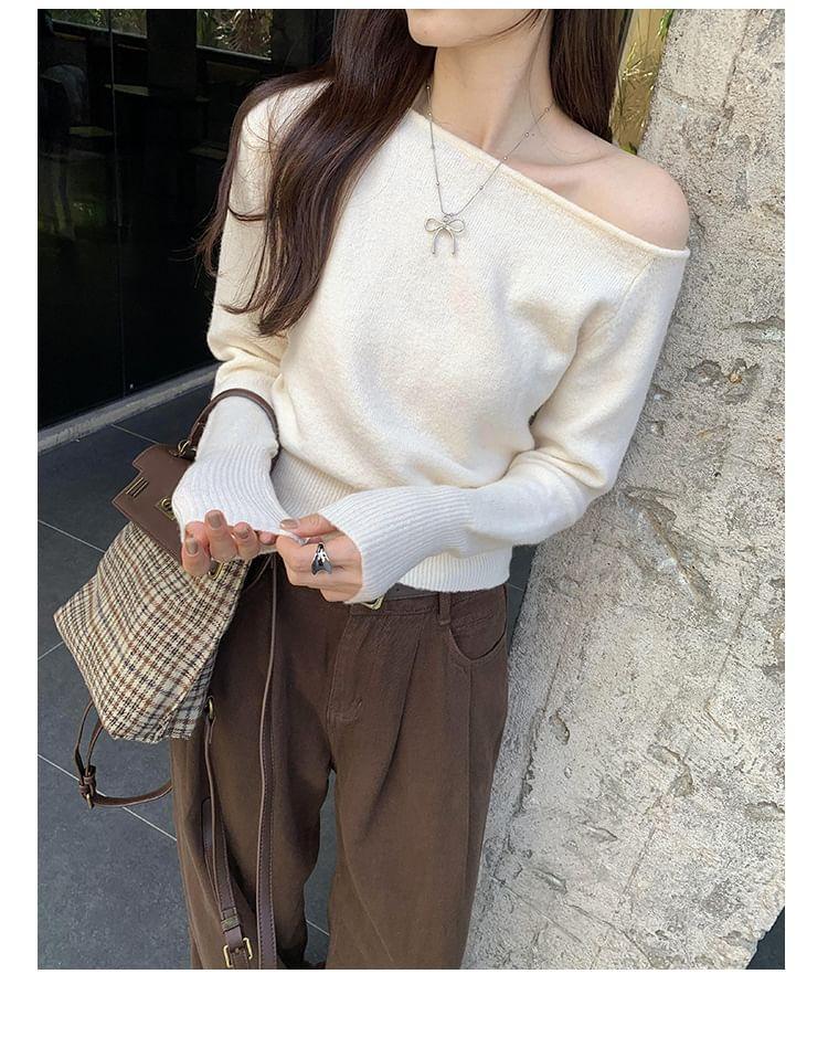 Long-Sleeve Off Shoulder Plain Knit Top Product Image
