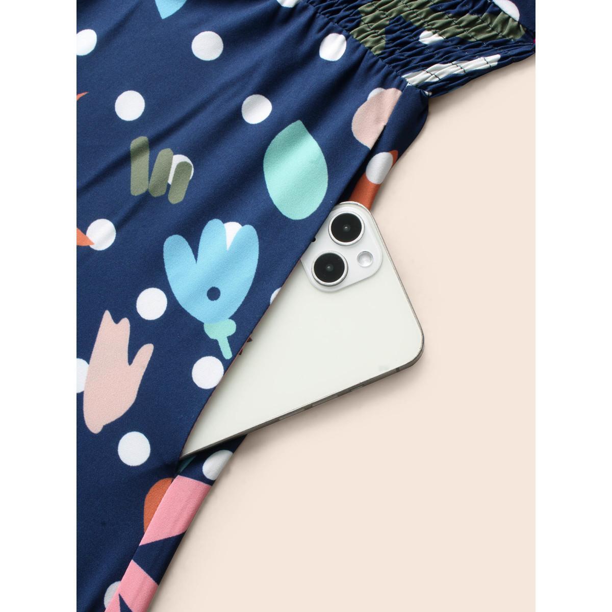 Plus Size Overlap Collar Polka Dot Floral Shirred Dress Multicolor Women Elegant Shirred Overlap Collar Elbow-length sleeve Curvy BloomChic 30/6X Product Image