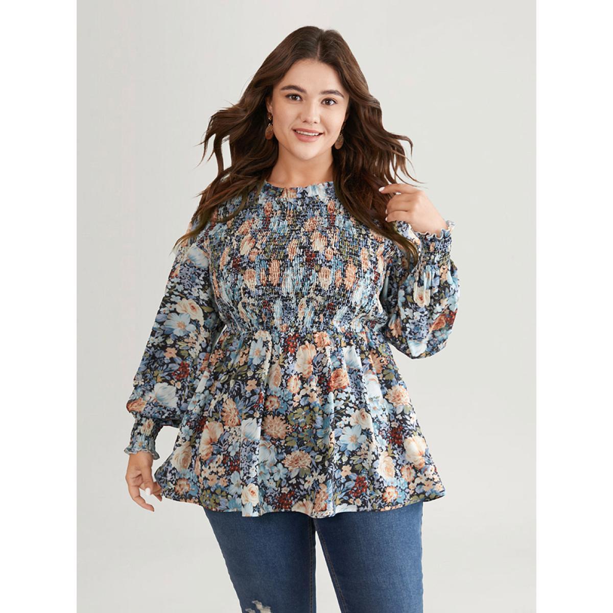 Plus Size Stone Floral Shirred Frill Trim Stand Collar Blouse Women Elegant Long Sleeve Stand-up collar Dailywear Blouses BloomChic 22-24/3X Product Image