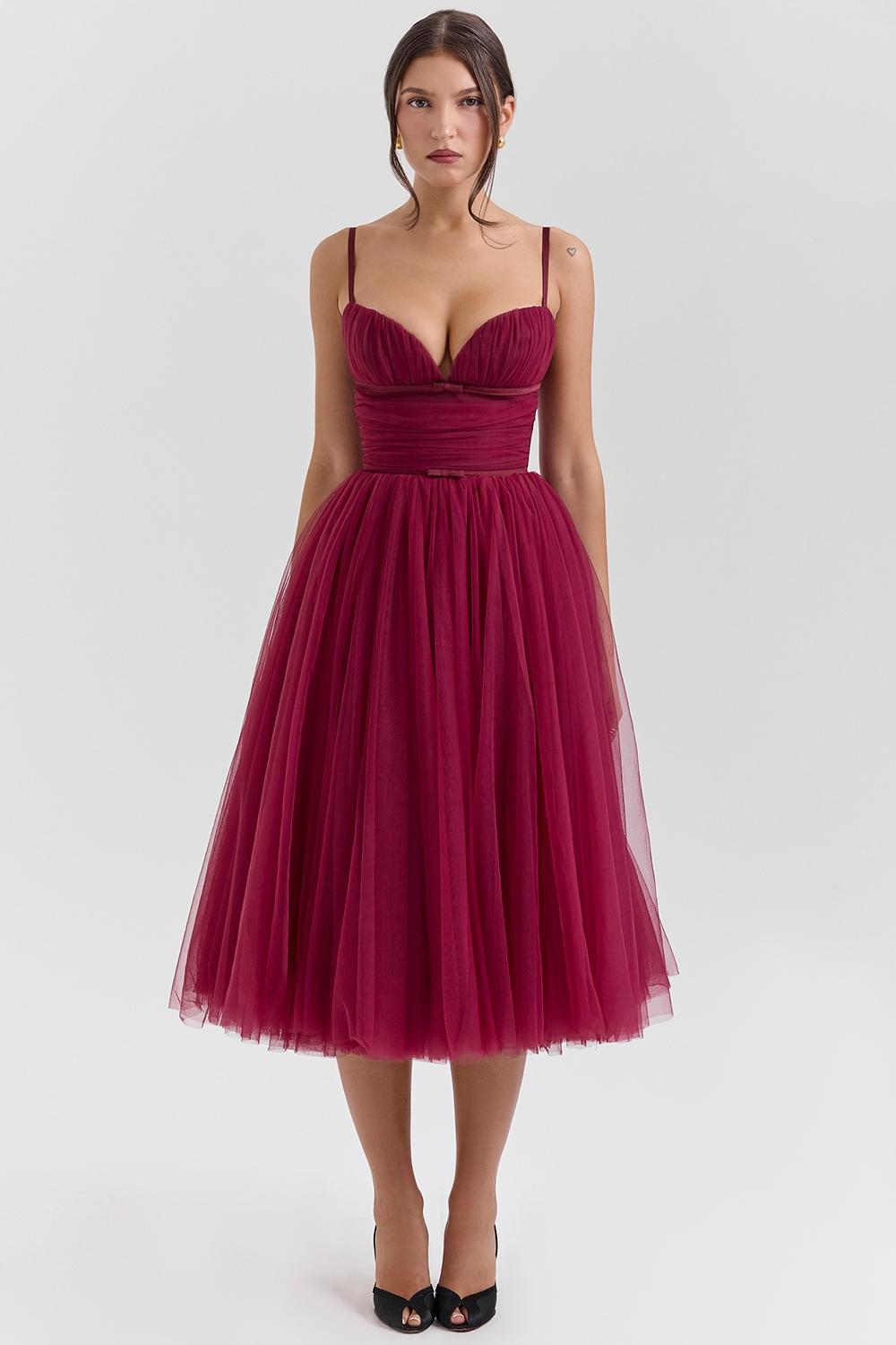 Countess Cabernet Tulle Midi Dress Product Image