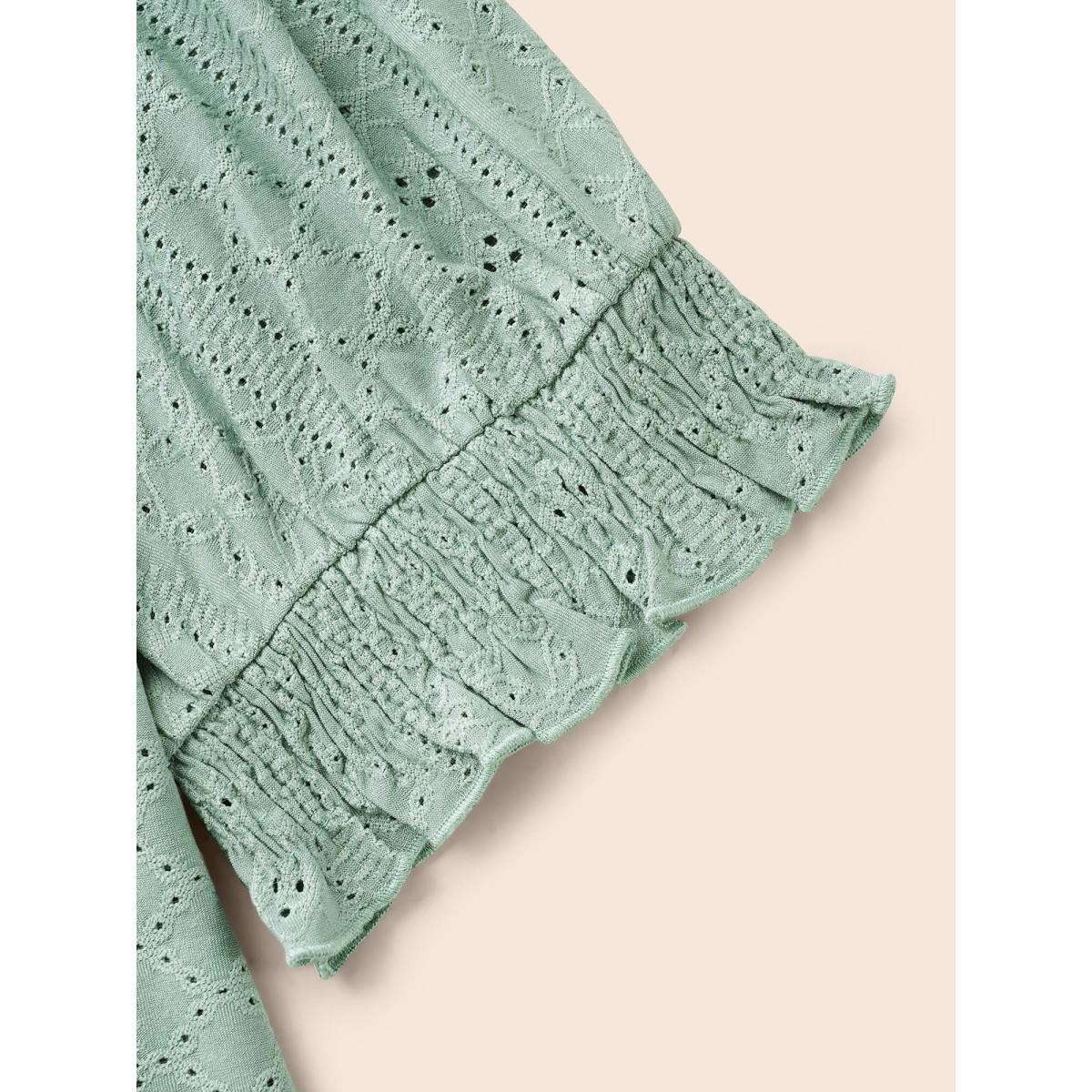 Plus Size Plain Broderie Anglaise Shirred Puff Sleeve Button Detail T-shirt Sage Women Casual Button Plain V-neck Everyday T-shirts BloomChic 28/5X Product Image