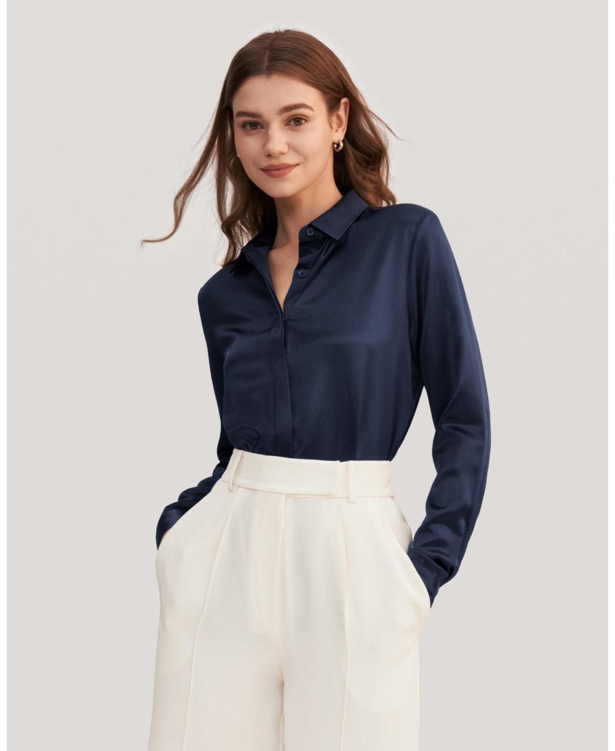 LILYSILK Business Blue Silk Shirt | Plain Long Sleeves Style | Silk for Women Navy Free of Harmful Chemicals Regular L Product Image