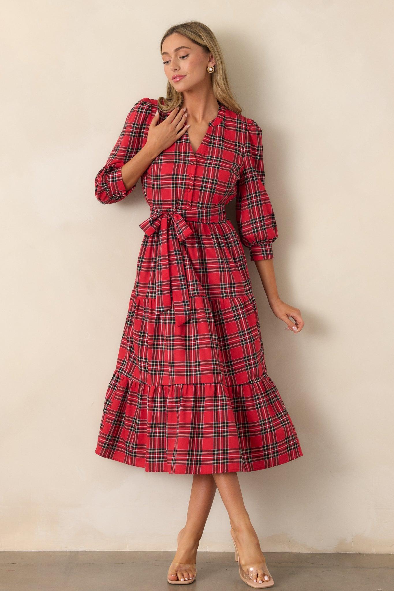 A Simple Glow Cotton Red Long Sleeve Midi Dress Product Image