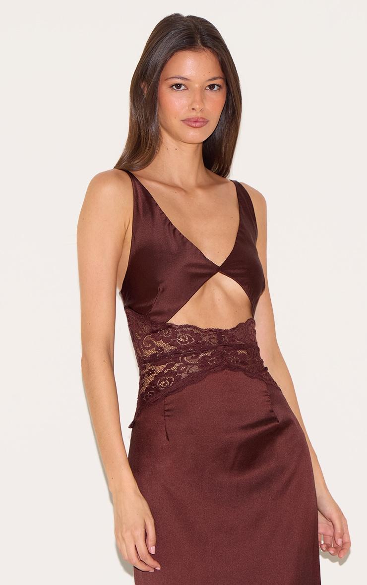 Chocolate Satin Lace Insert Maxi Dress Product Image