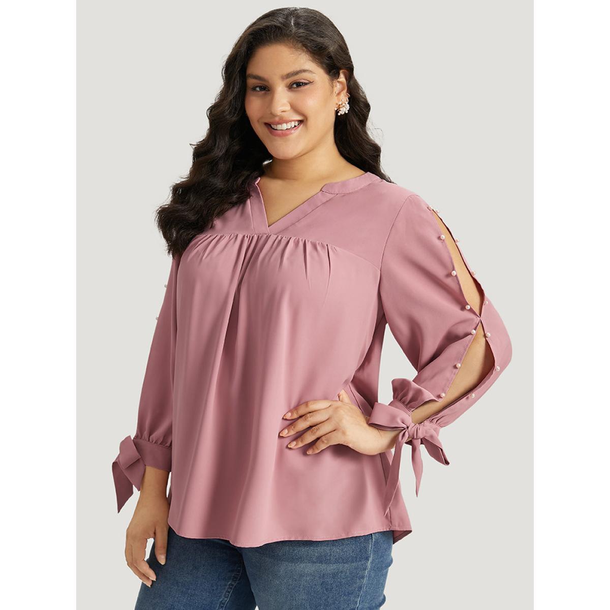 Plus Size DustyPink Plain Pleated Ties Beaded Notched Blouse Women Elegant Long Sleeve Notched collar Dailywear Blouses BloomChic 14-16/1X Product Image