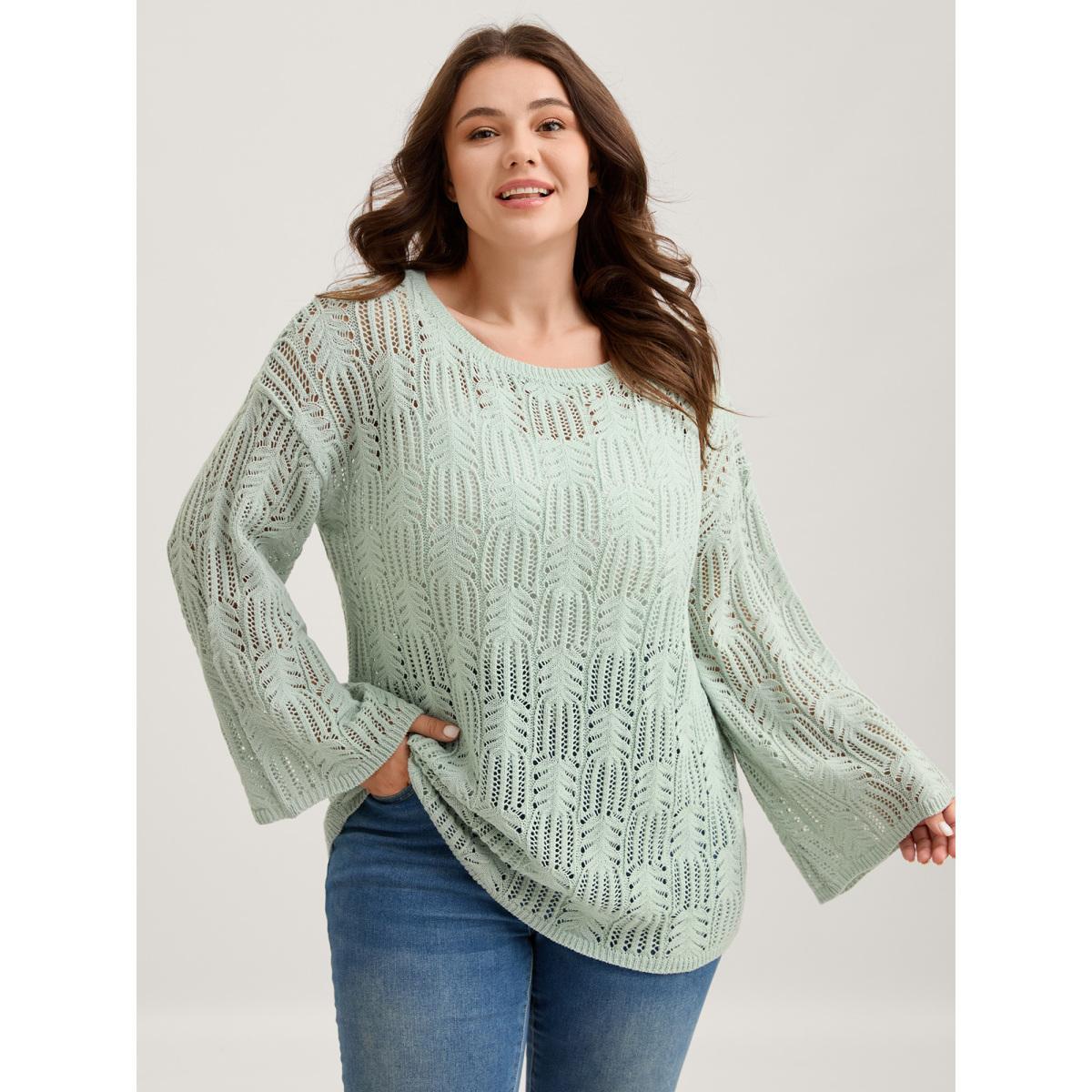 Plus Size Textured Cut-Out Flared Sleeve Lightweight Pullover Greenbean Women Loose Long Sleeve Round Neck Everyday-Casual Pullovers BloomChic 30/6X Product Image