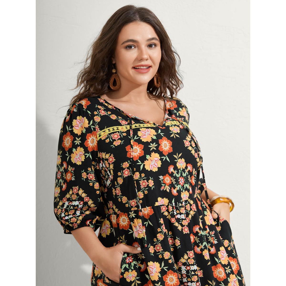 Plus Size Boho Print Waist Stretchy Midi Dress BlackFlower Women Notched collar Half Sleeve Curvy BloomChic 30/6X Product Image