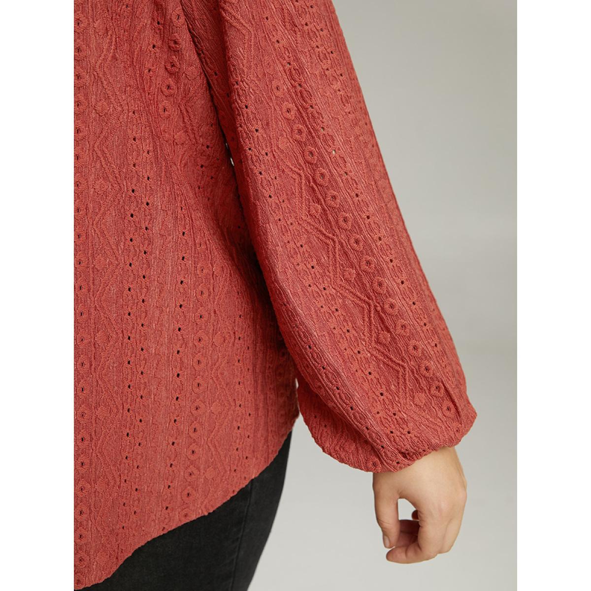 Plus Size Keyhole Plicated Detail Lantern Sleeve T-shirt Rust Women Elegant Elastic cuffs Plain V-neck Dailywear T-shirts BloomChic 22-24/3X Product Image