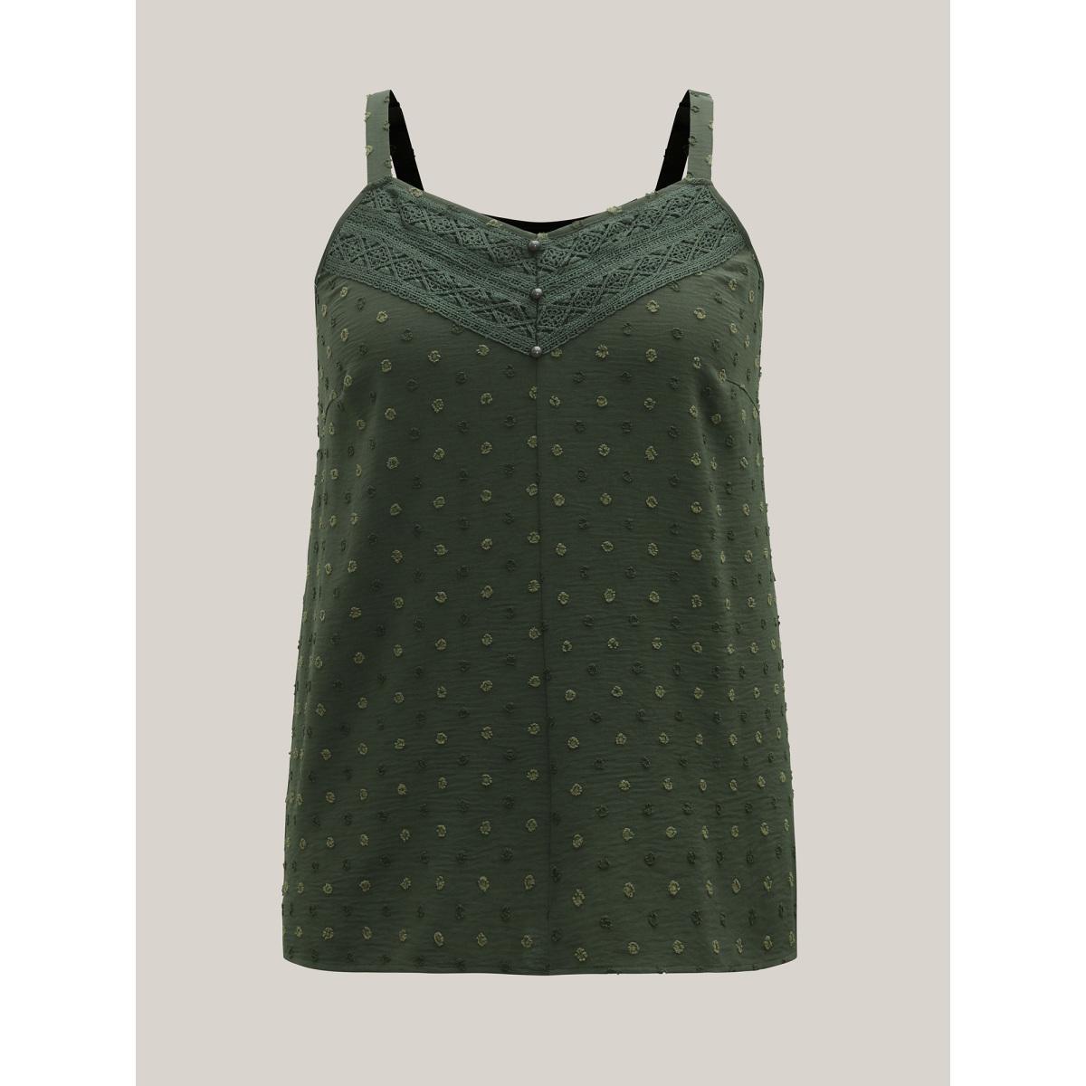 Plus Size Textured Lace Trim Neck Tank Top Women ArmyGreen Woven ribbon&lace trim V-neck Everyday-Elegant Tank Tops Camis BloomChic 10/M Product Image