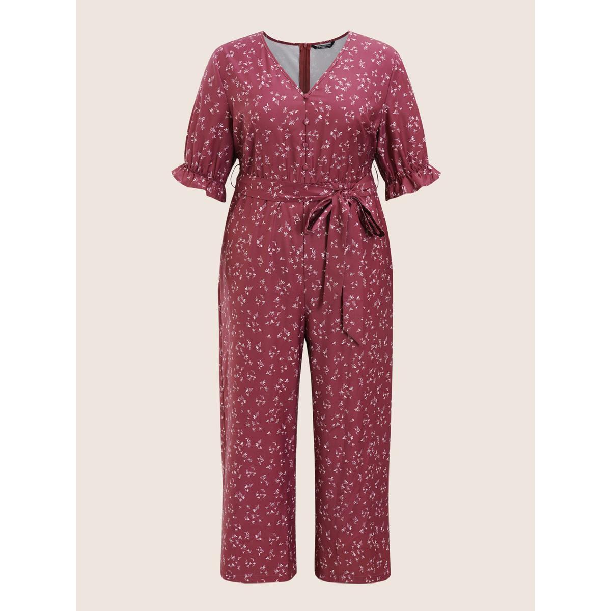 Plus Size DustyPink Ditsy Floral Flutter Trim Belted Button Detail Jumpsuit Women Elegant Half Sleeve V-neck Everyday Loose Jumpsuits BloomChic 22-24/3X Product Image