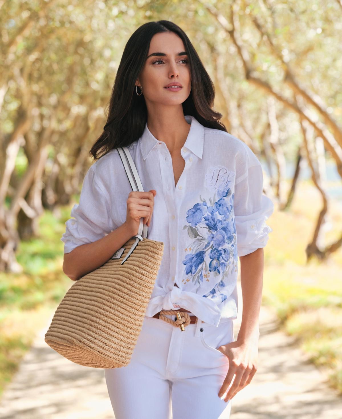 Lauren Ralph Lauren Oversize Floral Eyelet-Logo Linen Shirt Women's Clothing Product Image