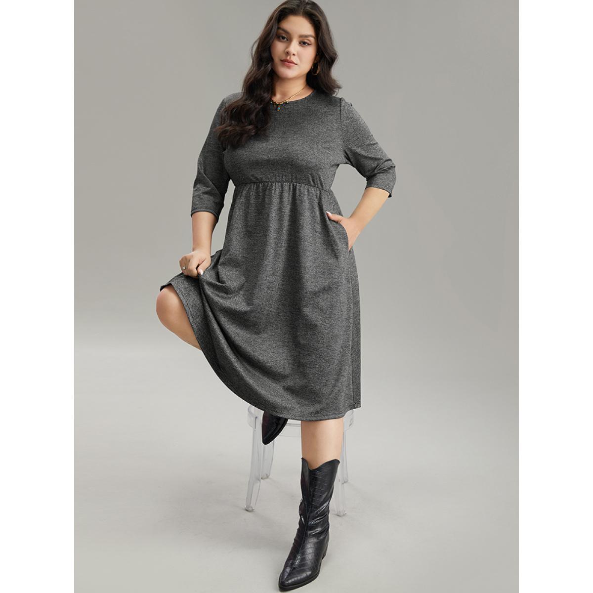Plus Size Plain Textured Pocket Elastic Waist Gathered Dress DarkGray Women Casual Texture Round Neck Elbow-length sleeve Curvy Midi Dress BloomChic 30/6X Product Image