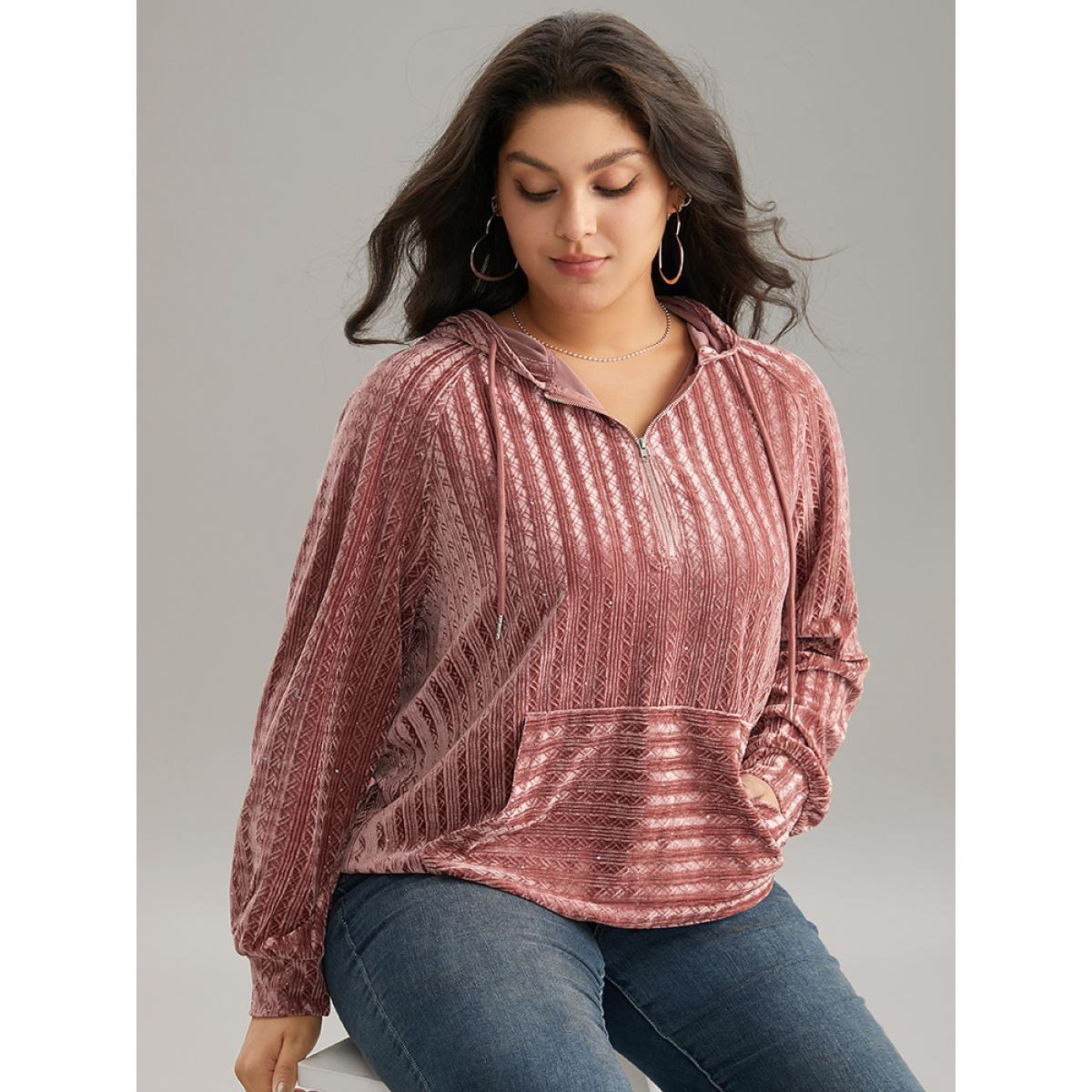 Plus Size Textured Sequin Velvet Half Zip Pocket Sweatshirt Women DustyPink Casual Velvet Hooded Everyday Sweatshirts BloomChic 26/4X Product Image