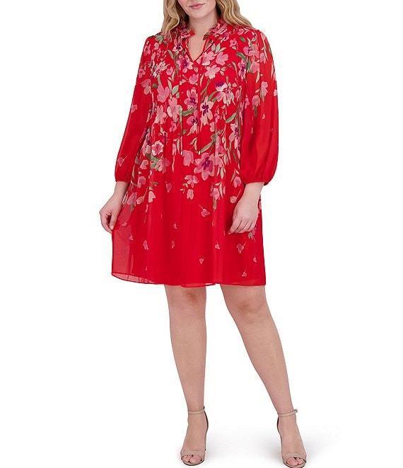 Jessica Howard Plus Size Tie Split Neck Long Balloon Sleeve Pleated Bodice Chiffon Shift Dress Product Image