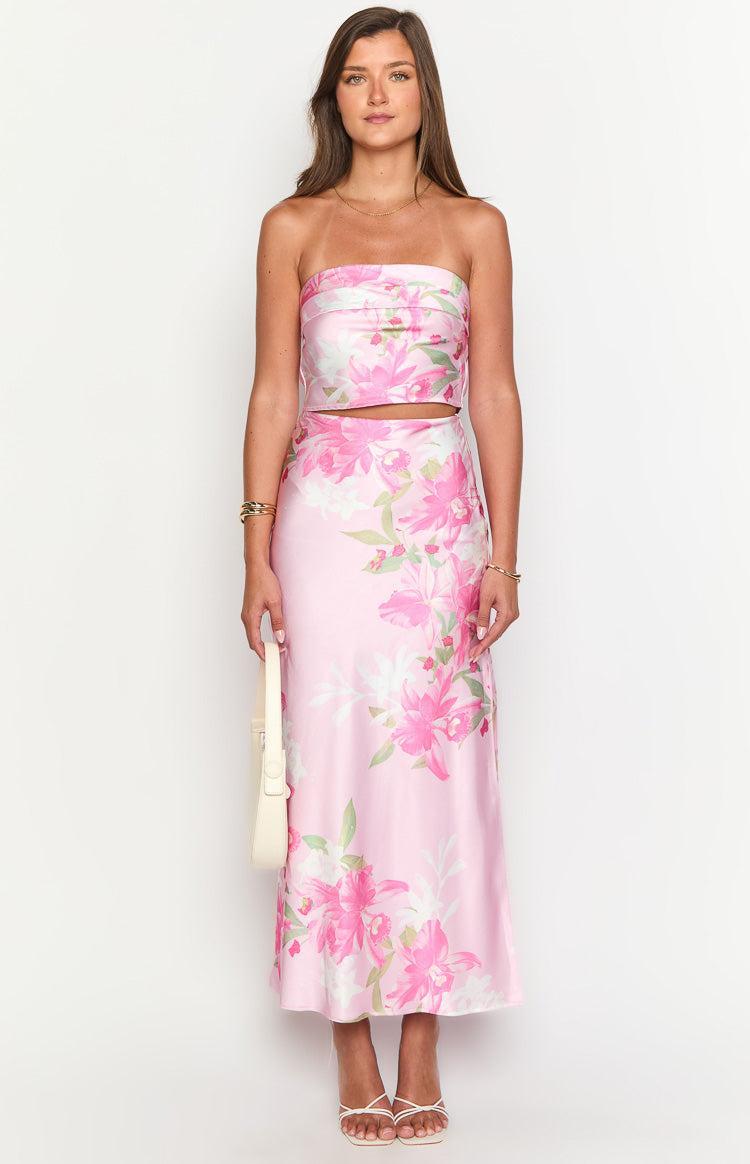 Genevieve Pink Floral Print Maxi Skirt Product Image