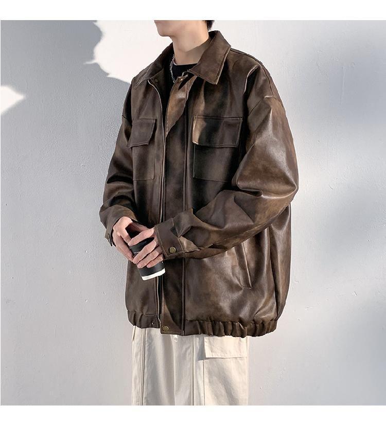 Collared Washed Faux Leather Zip Jacket Product Image
