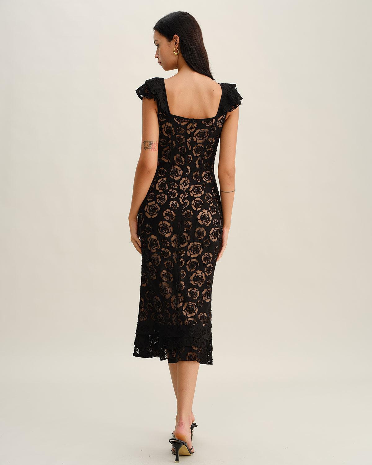 Black Textured Ruffle Mermaid Midi Dress Product Image
