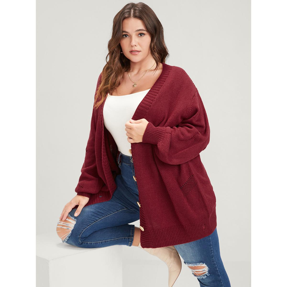 Plus Size Solid Pointelle Knit Distressed Button Front Mid Long Cardigan Scarlet Women Elegant Loose Long Sleeve Dailywear Cardigans BloomChic 28/5X Product Image