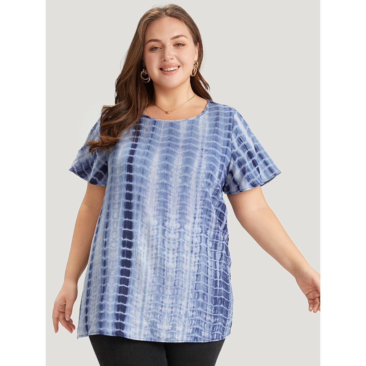 Plus Size Blue Tie Dye Ruffle Sleeve Crew Neck Blouse Women Vacation Short sleeve Round Neck Dailywear Blouses BloomChic 14-16/1X Product Image