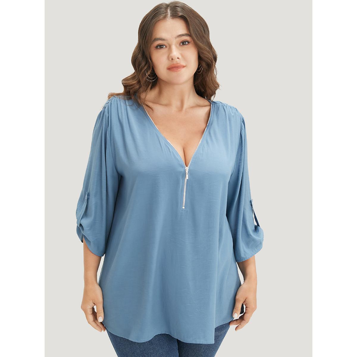 Plus Size Stone Solid Zipper Half Gathered Cuffed Sleeve Blouse Women Office Elbow-length sleeve V-neck Work Blouses BloomChic 30/6X Product Image