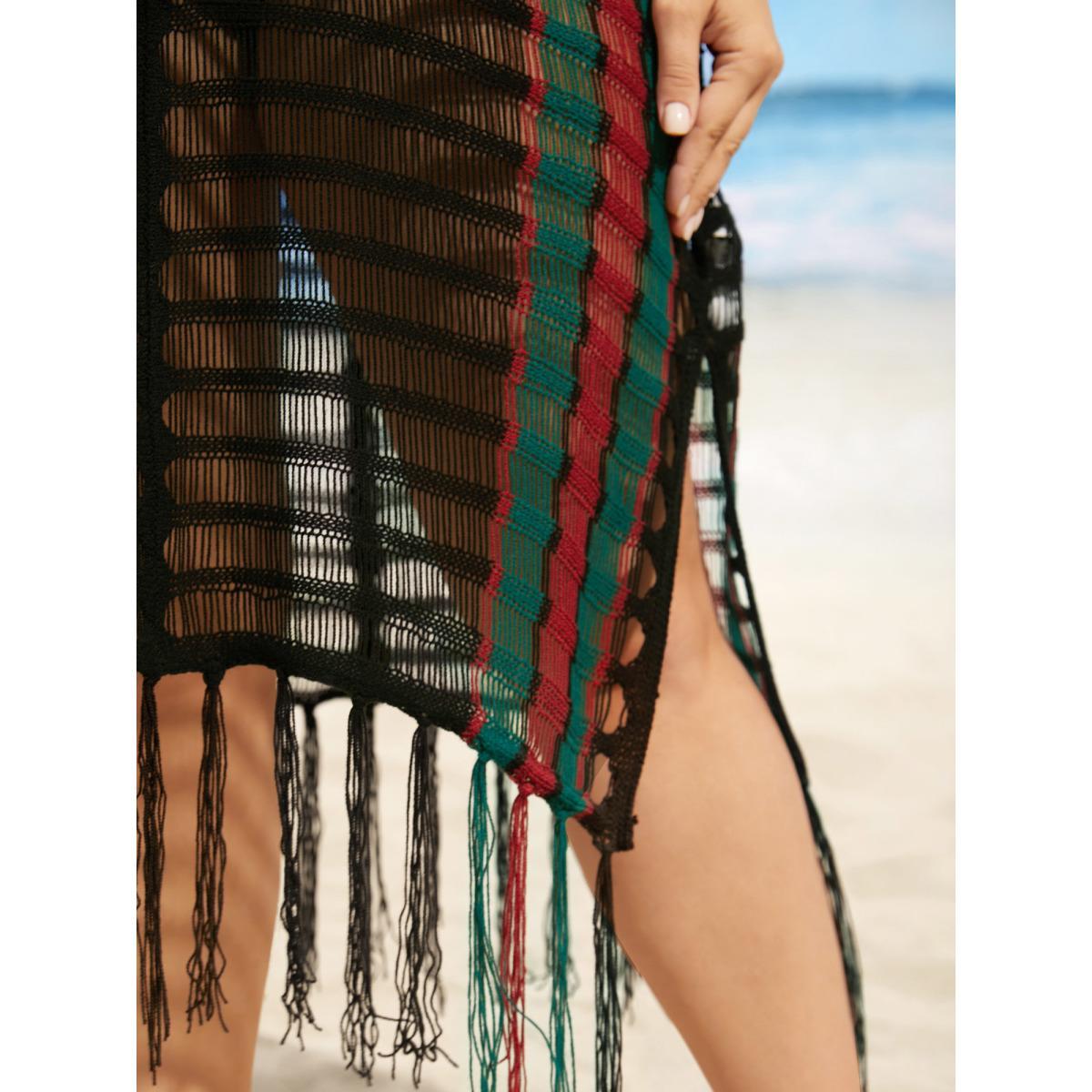 Plus Size Contrast Striped Tassel Trim Split Side Swim Cover Up Women's Swimwear Black Beach Loose Crochet Curve Swim Cover Ups BloomChic 30/6X Product Image