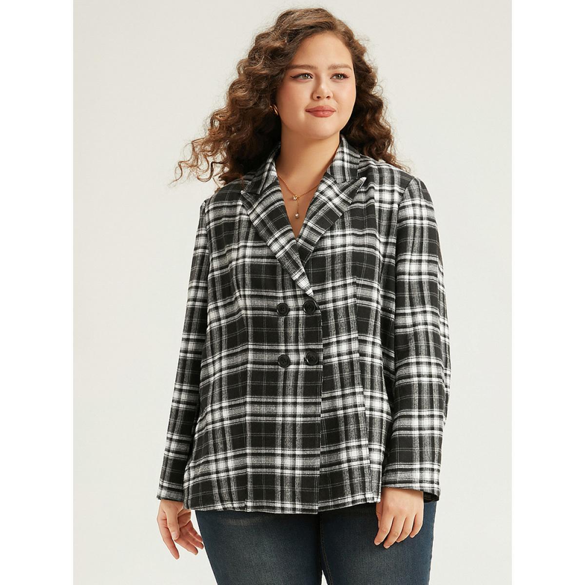 Plus Size Plaid Suit Collar Button Fly Blazer Black Women Work Plaid Contrast Sleeve Long Sleeve Suit Collar 28/5X Office Blazers BloomChic Product Image