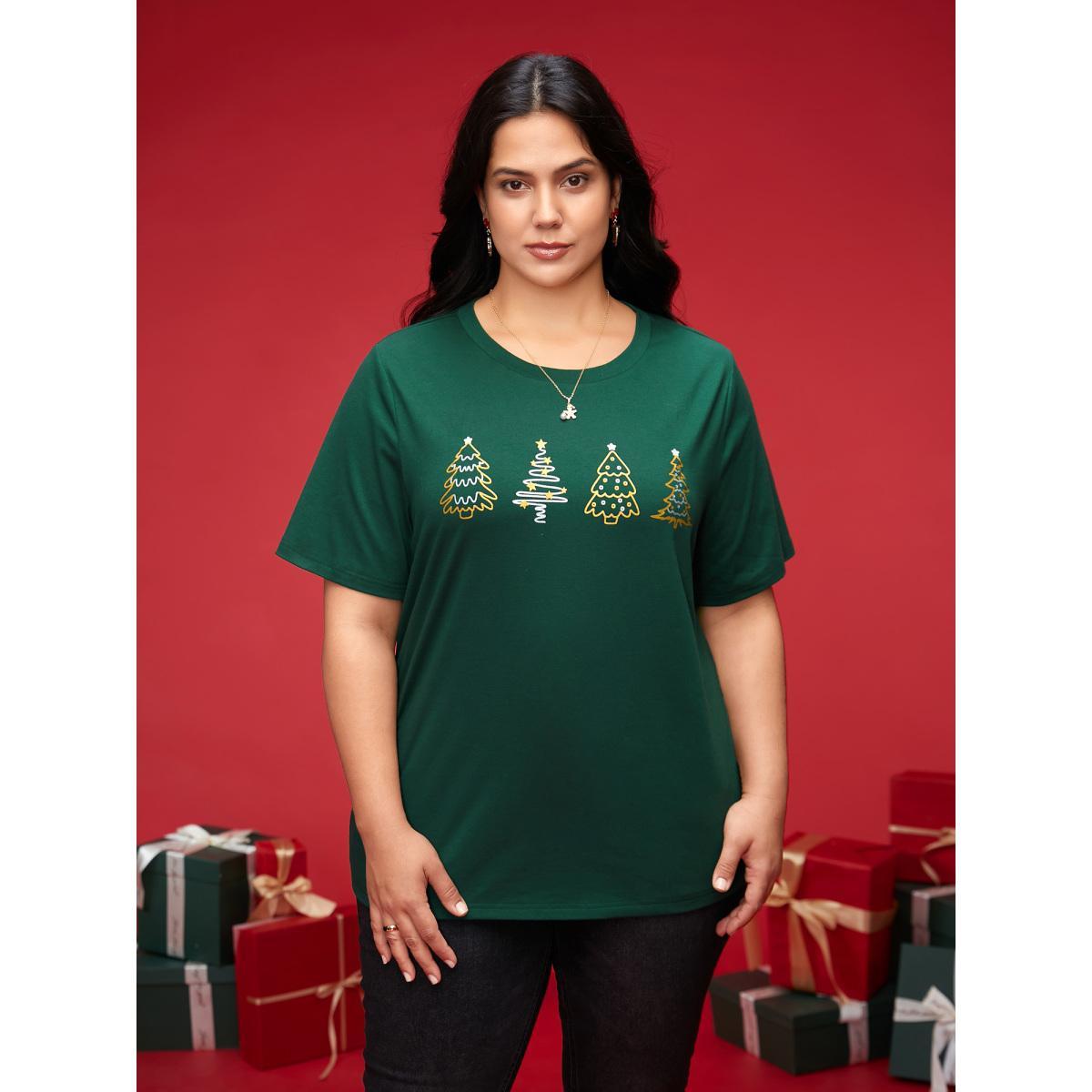 Plus Size Shimmering Trees Half Sleeves Slim-Fit Tee DarkGreen Women Casual Non Christmas Round Neck Everyday T-shirts BloomChic 18-20/2X Product Image