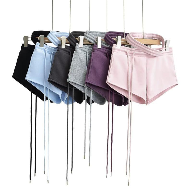 Drawstring Waist Plain Cutout Hot Pants Product Image