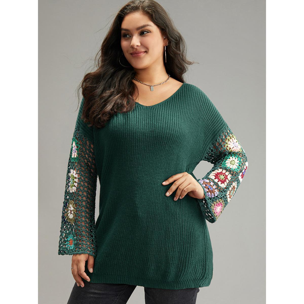 Plus Size Floral Embroidered Hollow Out Pullover DarkGreen Women Casual Long Sleeve V-neck Everyday Pullovers BloomChic 30/6X Product Image