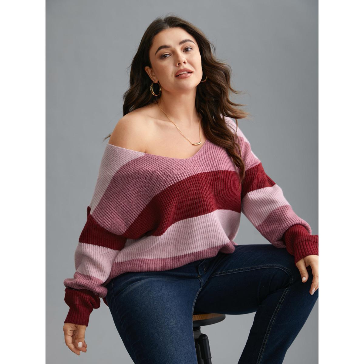 Plus Size Supersoft Essentials Color Block Drop Shoulder Pullover RedViolet Women Casual Loose Long Sleeve V-neck Everyday Pullovers BloomChic 30/6X Product Image