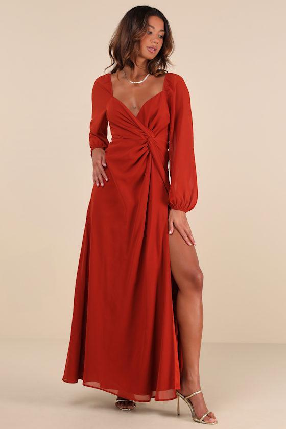 Composed Soiree Rust Orange Twist-Front Long Sleeve Maxi Dress Product Image