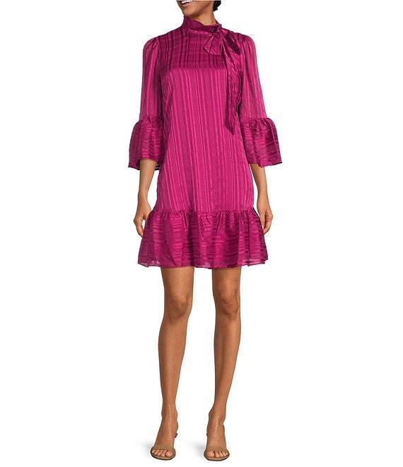 Calvin Klein 3/4 Bell Sleeve Mock Tie Neck Tiered Skirt Chiffon Shift Dress Product Image
