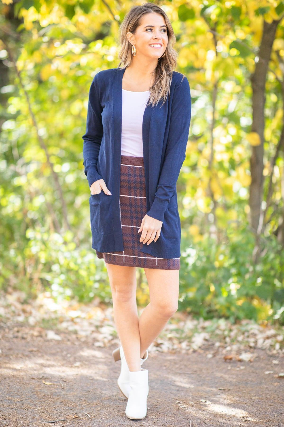Brown and Navy Plaid Knit Skirt Product Image