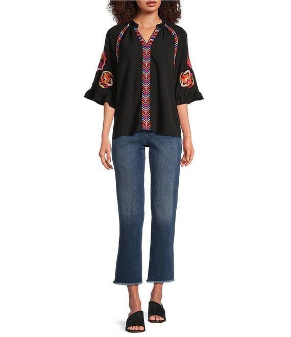 Calessa Embroidered Patchwork Ruffle Split V-Neck 3/4 Sleeve Tunic Product Image