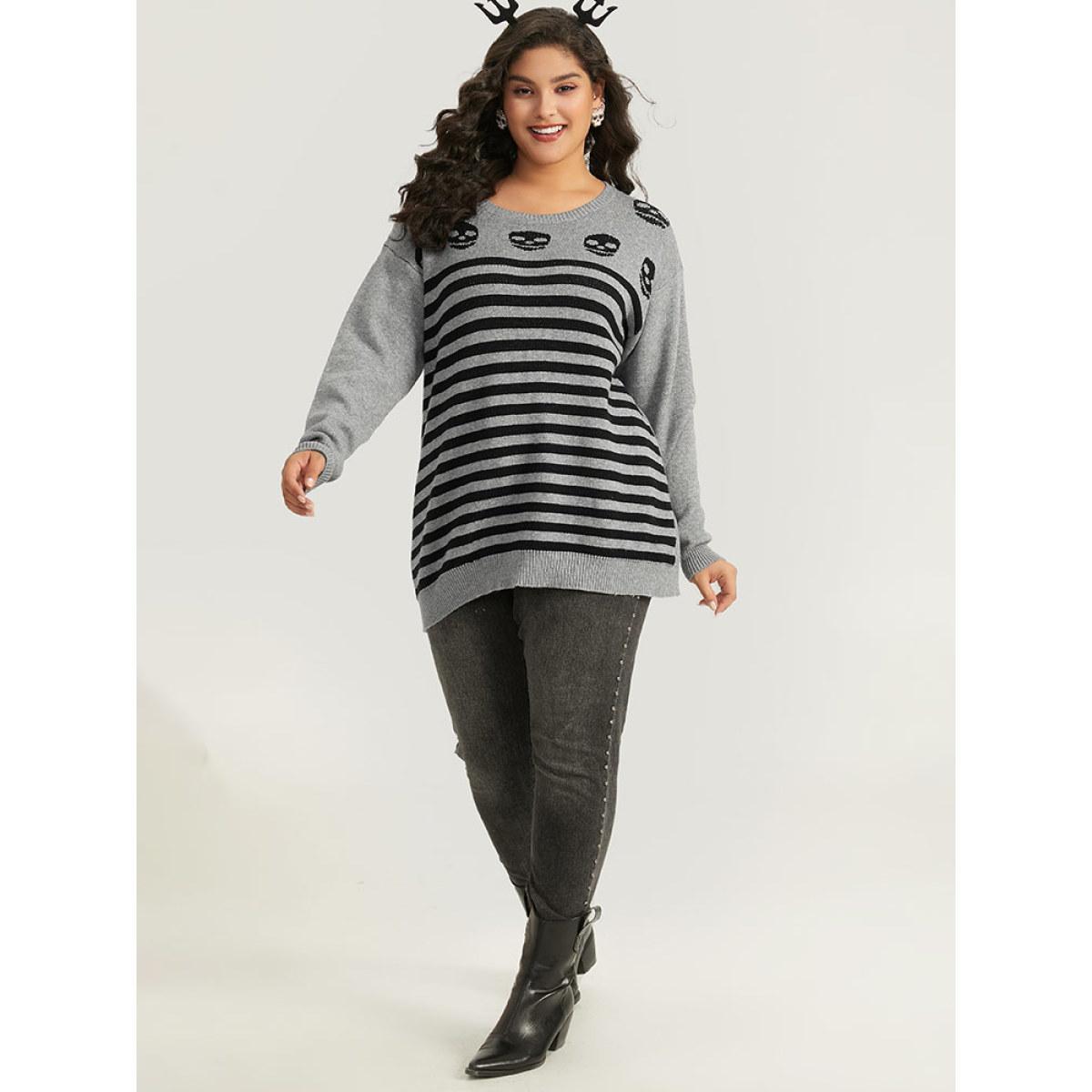 Plus Size Halloween Supersoft Essentials Skull Print Striped Round Neck Pullover DarkGray Women Casual Long Sleeve Round Neck Festival-Halloween Pullovers BloomChic 10/M Product Image