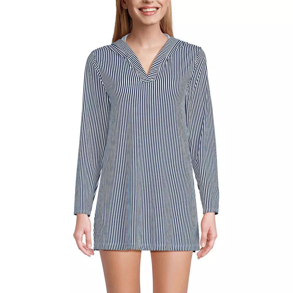 Women's Lands' End Hooded Mini Swim Cover-Up Dress UPF 50, Size: Small, Blue Mini Stripe Product Image