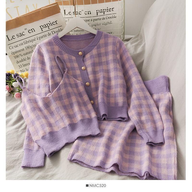 Set: Plaid Camisole Top + Light Cardigan + Mini Skirt Product Image