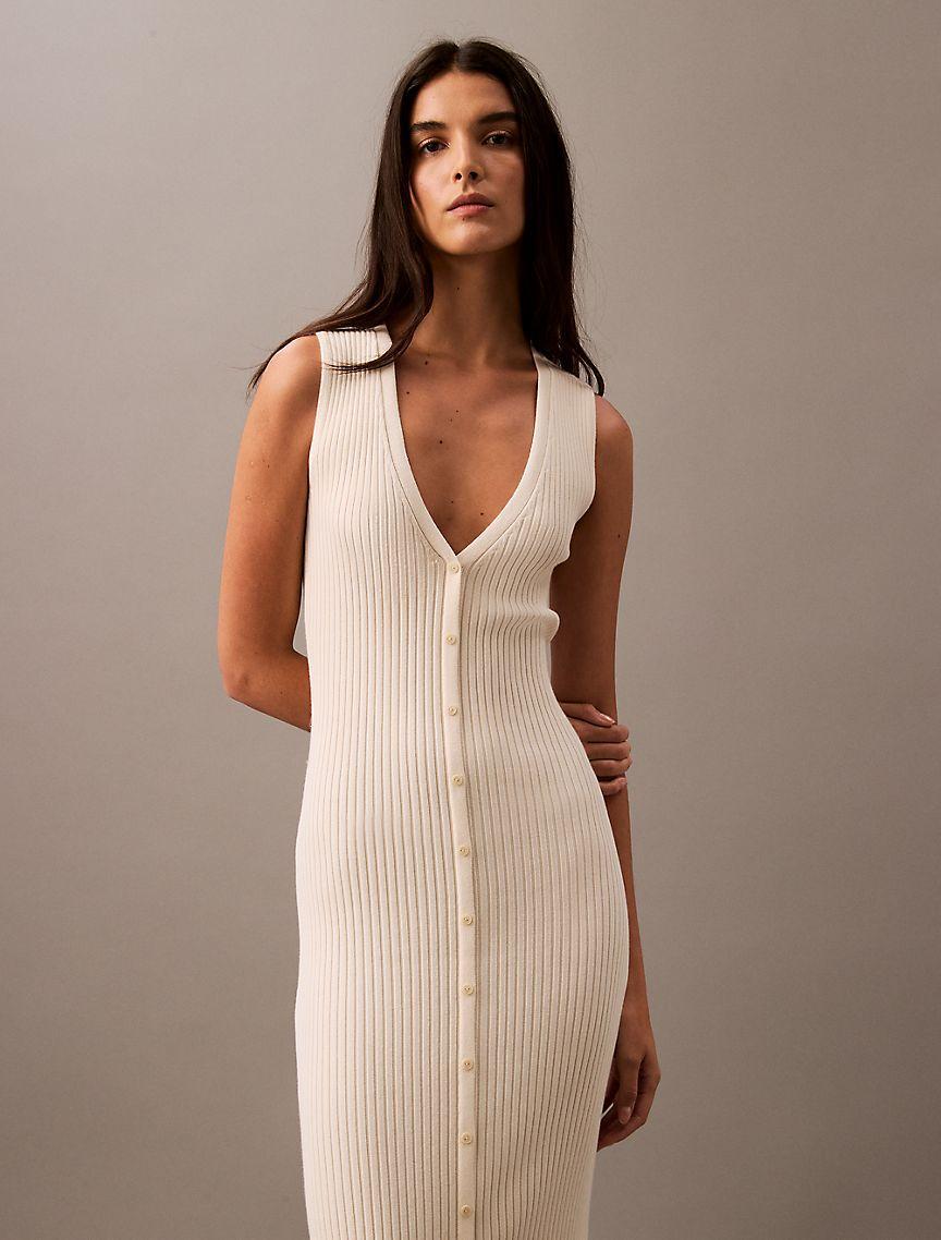 Smooth Cotton Rib Sweater Midi V-Neck Dress Product Image