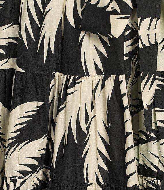 Gibson & Latimer Woven Tropical Palm Print V-Neck Sleeveless Tie at Waist Tiered Midi Wrap Dress Product Image