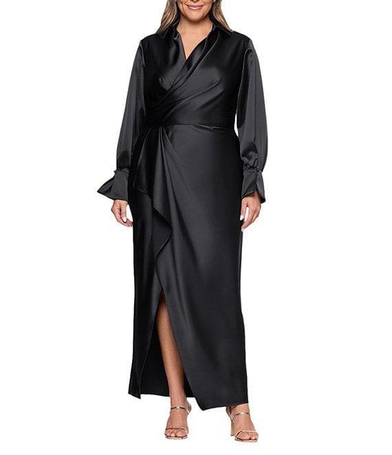 Xscape Plus Size Satin Long Sleeve Faux Wrap Gown Product Image