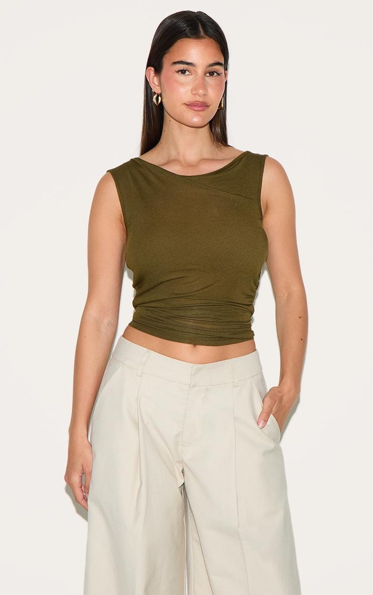  Olive Sheer Soft Touch Cowl Neck Long Vest Top Product Image