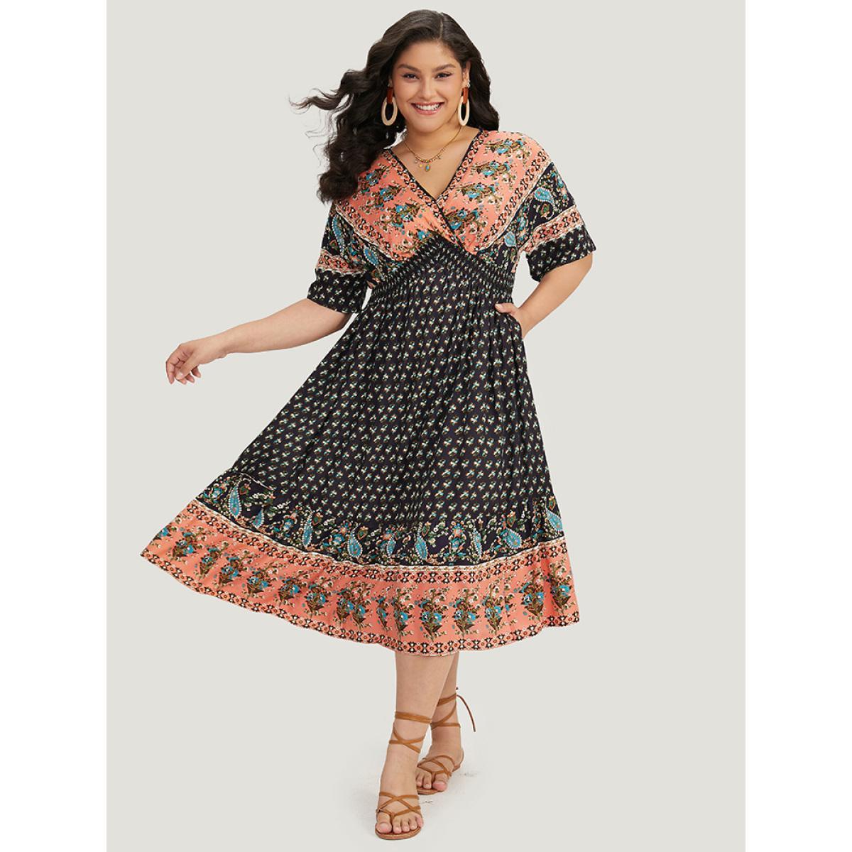 Plus Size Bandana Print Wrap Shirred Batwing Sleeve Dress DarkBlue Women Vacation Printed V-neck Short sleeve Curvy Midi Dress BloomChic 30/6X Product Image