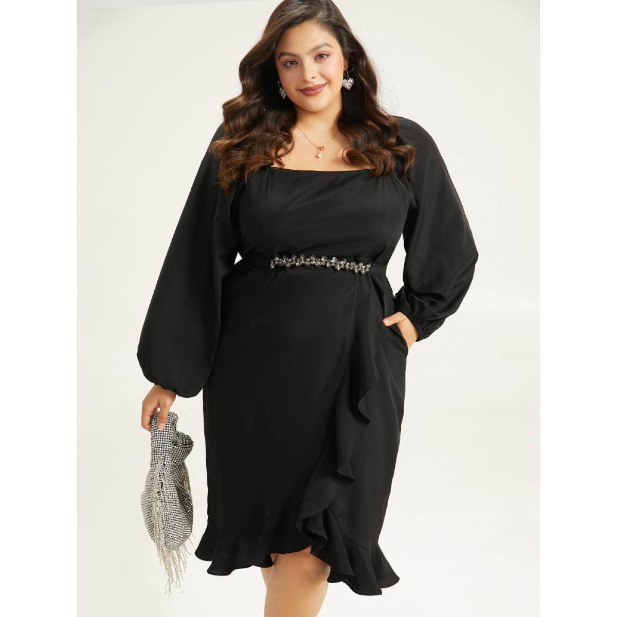 Plus Size Anti-Wrinkle Square Neck Ruffle Trim Wrap Hem Dress Burgundy Women Glamour Elastic cuffs Square Neck Long Sleeve Curvy Midi Dress BloomChic 22-24/3X Product Image