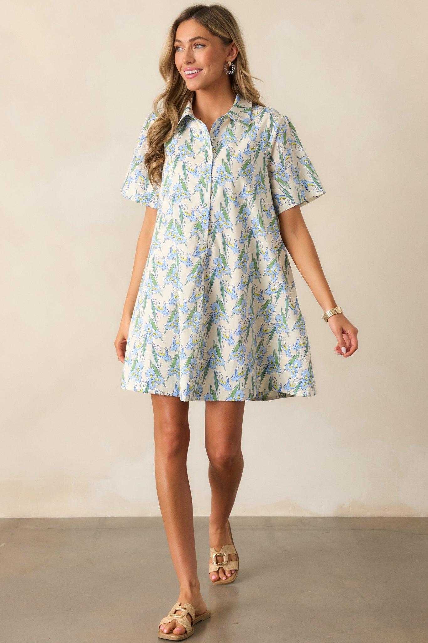 Oasis Of Calm Cotton Blue Floral Mini Dress Product Image