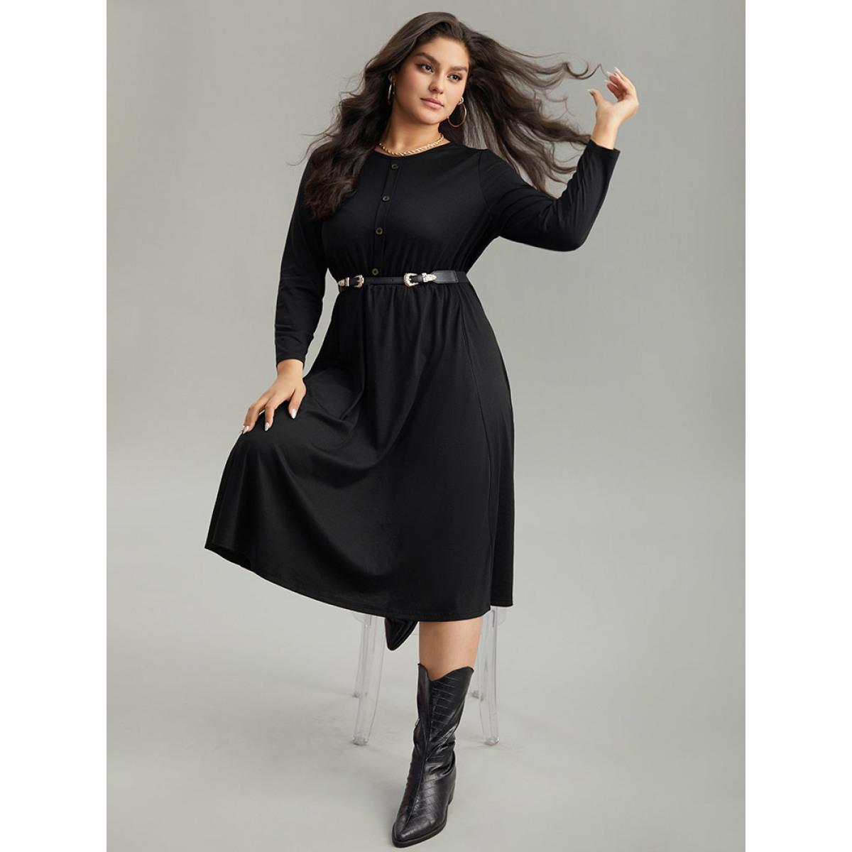 Plus Size Supersoft Essentials Solid Button Detail Dress Black Women Casual Plain Round Neck Long Sleeve Curvy Midi Dress BloomChic 12/L Product Image
