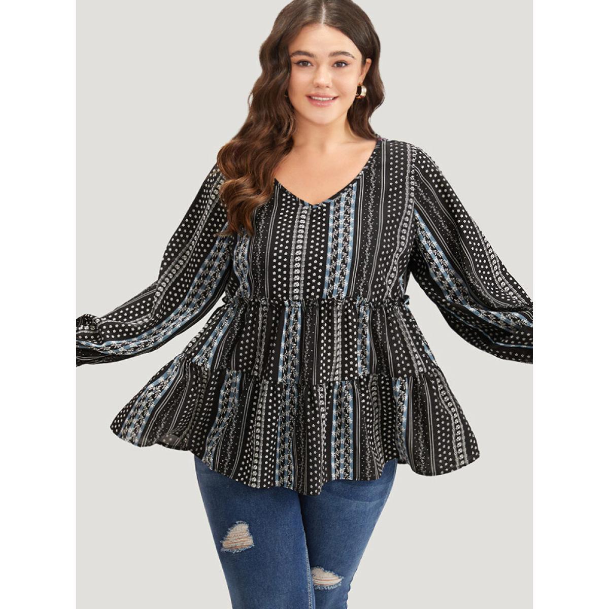 Plus Size BlackFlower Boho Print Frill Trim Ruffle Layered Hem Blouse Women Vacation Long Sleeve V-neck Vacation Blouses BloomChic 18-20/2X Product Image