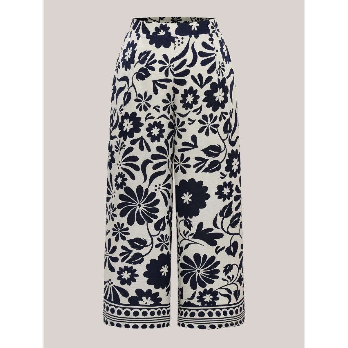 Plus Size Floral Print Wide-Leg Pants Women Indigo Elegant Wide Leg Mid Rise Everyday-Elegant Pants BloomChic 26/4X Product Image