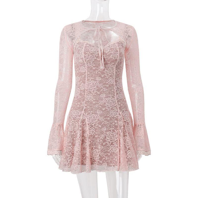 Set: Long-Sleeve Shrug + Spaghetti Strap Lace Mini A-Line Dress Product Image
